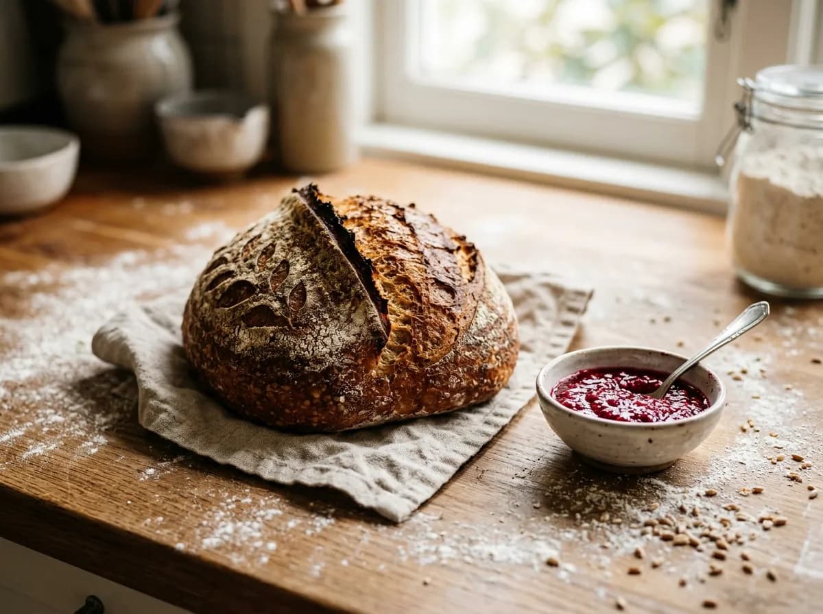 This morning's fresh sourdough and jam on a flour-dusted counter