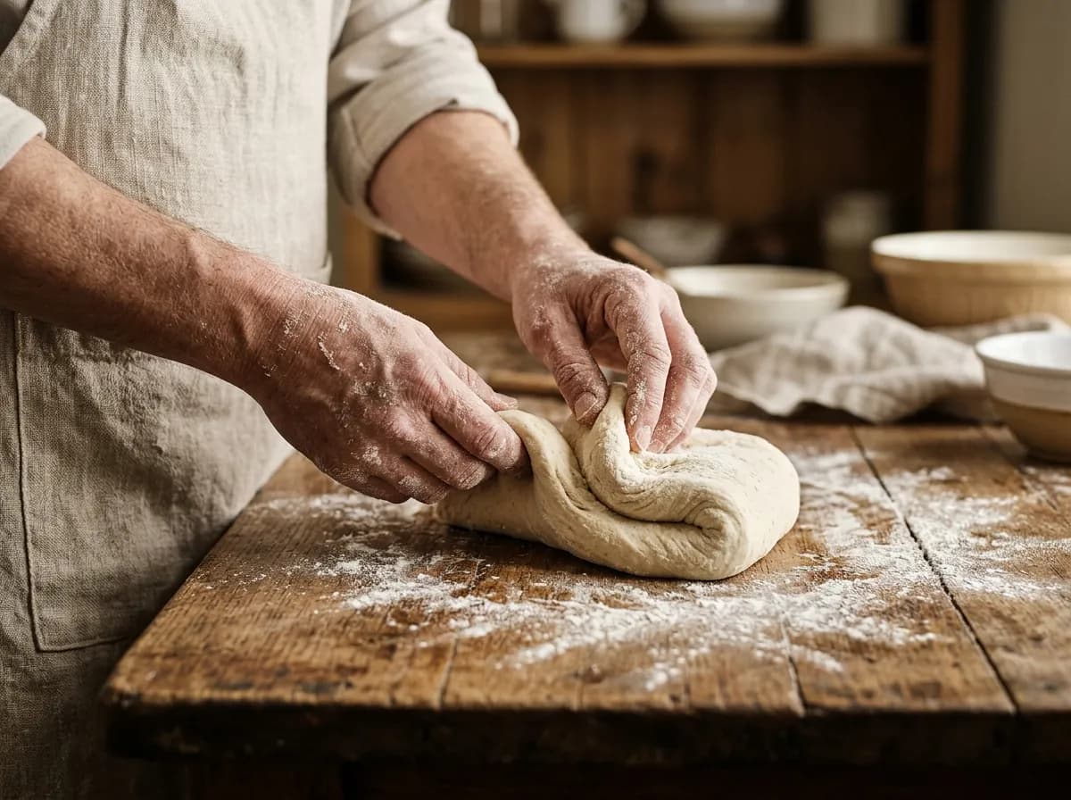 Flour-dusted hands folding dough on a wooden counter